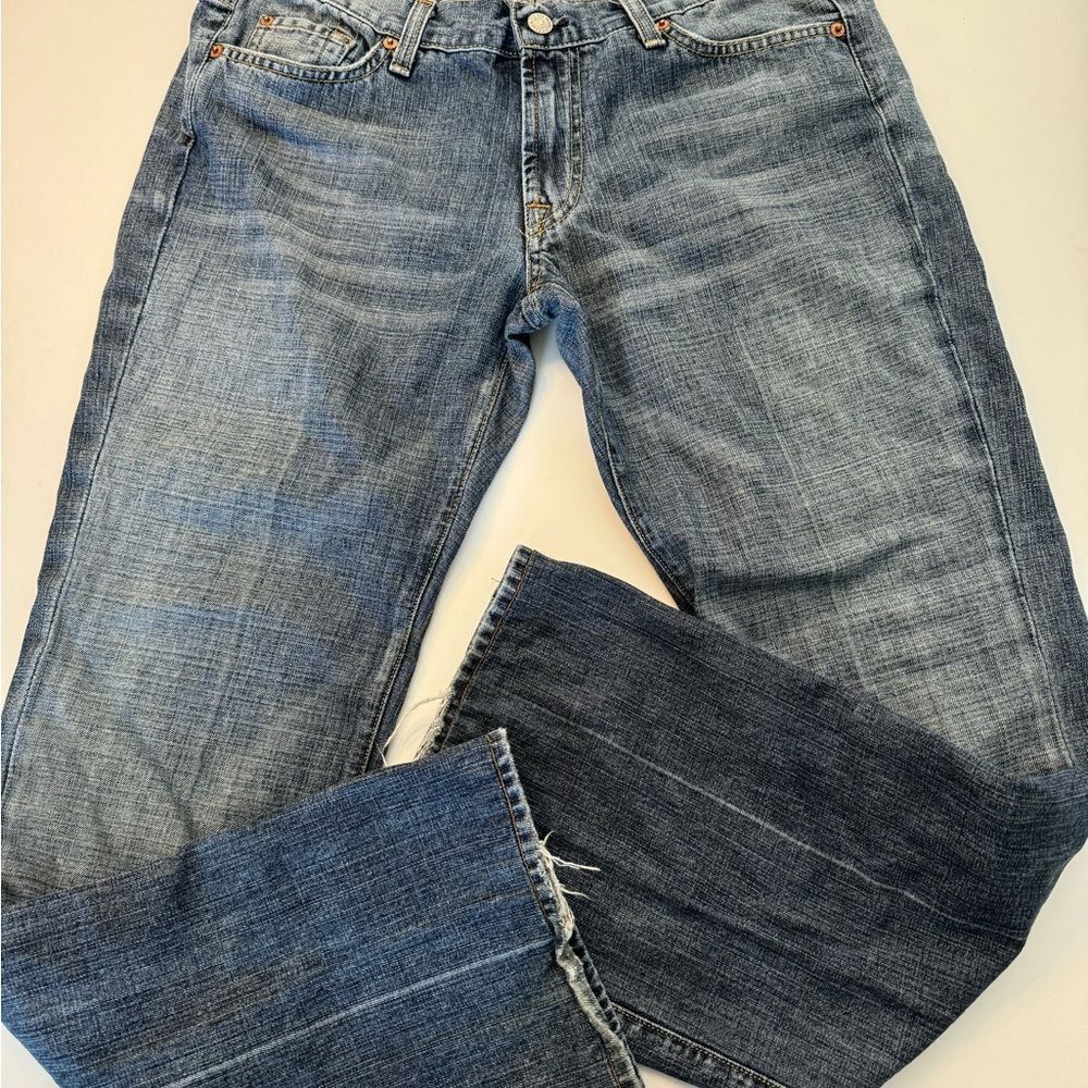7 FOR ALL MANKIND Bootcut Jeans Women's 32x30 Med Blue Denim Frayed Hem Stretch